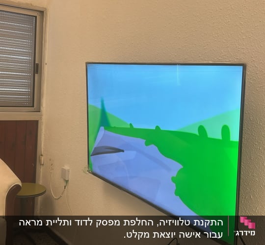 טלוויזיה מותקנת על קיר עם חוטים גלויים